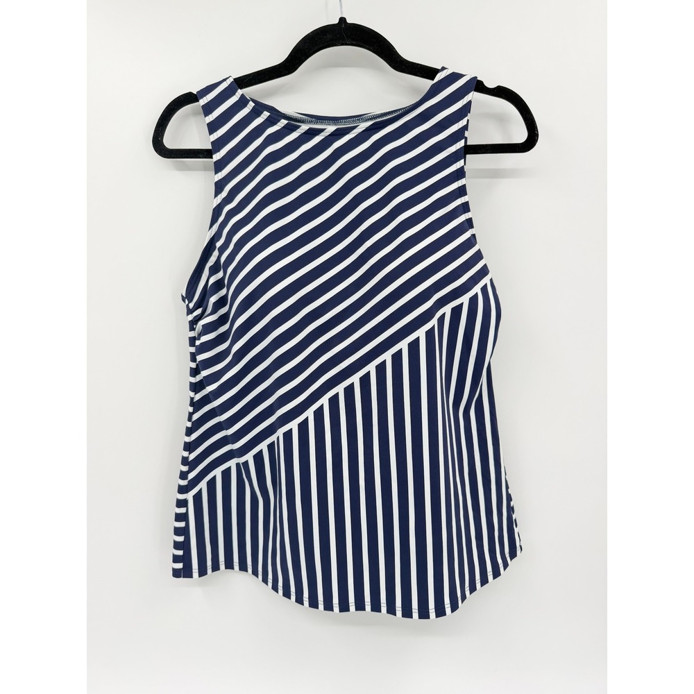 Lands End Tankini Swim Top Womens 14P Navy White Stripe Lycra NWT